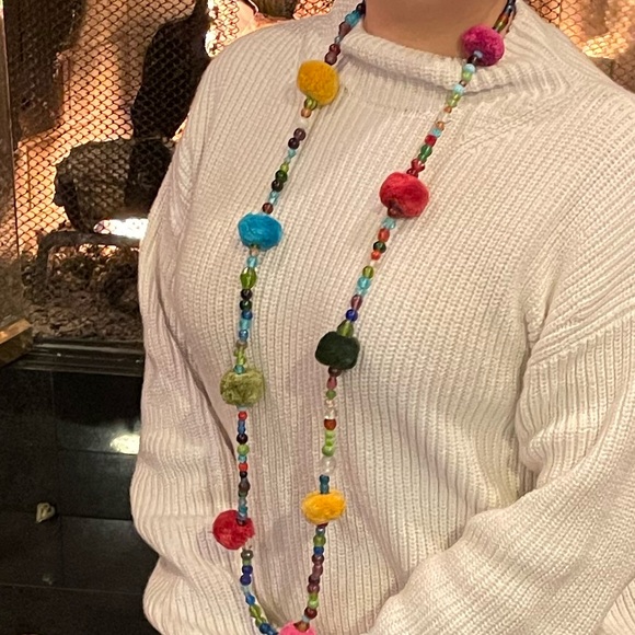 Pom Pom yarn & Bead Necklace, Multi Color, Bohemian, Festival, Art to wear - Picture 7 of 7